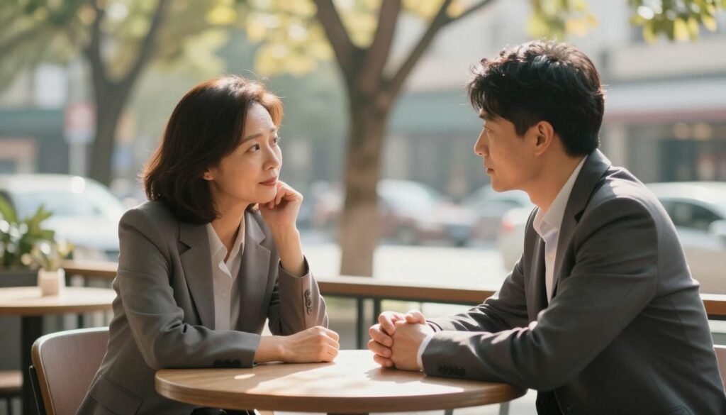 A serene and contemplative scene depicting two individuals engaged in a deep conversation, symbolizing emotional maturity. In the foreground, a man and a woman, dressed in professional business attire, sit at a small café table, leaning slightly towards each other, their expressions thoughtful and understanding. The middle ground features gentle, warm light filtering through nearby trees, casting dappled shadows on the table, creating an inviting atmosphere. In the background, a bustling cityscape can be seen blurred out, suggesting a contrast between the noise of the world and their intimate dialogue. The overall mood conveys warmth, connection, and the significance of emotional maturity as a foundation for mutual understanding. The image should emphasize empathy and engagement, inviting viewers to reflect on the subject matter. A serene and contemplative scene depicting two individuals engaged in a deep conversation, symbolizing emotional maturity. In the foreground, a man and a woman, dressed in professional business attire, sit at a small café table, leaning slightly towards each other, their expressions thoughtful and understanding. The middle ground features gentle, warm light filtering through nearby trees, casting dappled shadows on the table, creating an inviting atmosphere. In the background, a bustling cityscape can be seen blurred out, suggesting a contrast between the noise of the world and their intimate dialogue. The overall mood conveys warmth, connection, and the significance of emotional maturity as a foundation for mutual understanding. The image should emphasize empathy and engagement, inviting viewers to reflect on the subject matter.