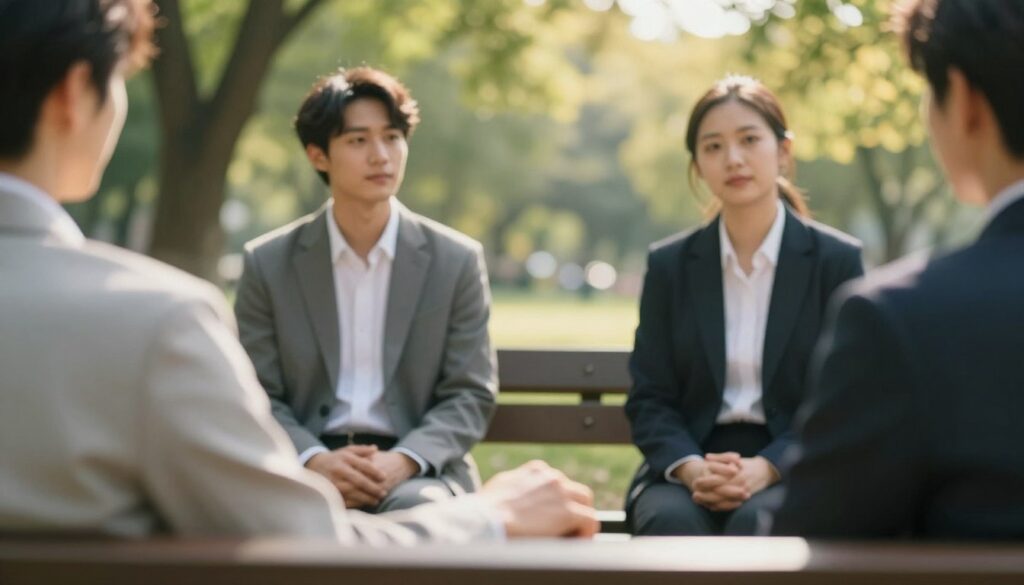 A serene and contemplative scene depicting two individuals sitting on a park bench, engaged in a heartfelt conversation. The foreground features a close-up of their hands, gently resting on the bench, symbolizing connection and trust. In the middle ground, the two subjects—one man and one woman—are dressed in professional business attire, with calm expressions reflecting deep understanding and openness. The background consists of a softly focused lush green park with dappled sunlight filtering through the trees, creating a warm and inviting atmosphere. The lighting should evoke a golden hour ambiance, enhancing the mood of reconciliation and hope. The composition should have a slight depth of field to emphasize the subjects while maintaining an overall peaceful background, conveying the theme of rebuilding trust in a relationship. A serene and contemplative scene depicting two individuals sitting on a park bench, engaged in a heartfelt conversation. The foreground features a close-up of their hands, gently resting on the bench, symbolizing connection and trust. In the middle ground, the two subjects—one man and one woman—are dressed in professional business attire, with calm expressions reflecting deep understanding and openness. The background consists of a softly focused lush green park with dappled sunlight filtering through the trees, creating a warm and inviting atmosphere. The lighting should evoke a golden hour ambiance, enhancing the mood of reconciliation and hope. The composition should have a slight depth of field to emphasize the subjects while maintaining an overall peaceful background, conveying the theme of rebuilding trust in a relationship.
