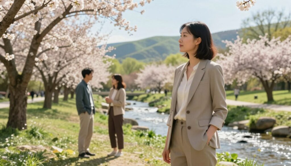 A serene and contemplative scene illustrating independence in relationships, featuring a professional woman standing confidently in a sunlit park, wearing modest casual clothing. She gazes thoughtfully at a vibrant landscape of blossoming trees and a gentle flowing stream, symbolizing personal growth and emotional freedom. In the middle ground, a couple converses nearby, maintaining a respectful distance, illustrating healthy boundaries. The background showcases a soft focus of green hills under a clear blue sky, evoking a sense of tranquility and openness. The lighting is warm, casting gentle shadows and enhancing the feeling of a fresh, hopeful day. The mood is uplifting and introspective, inviting viewers to reflect on the importance of independence in forming meaningful relationships.
