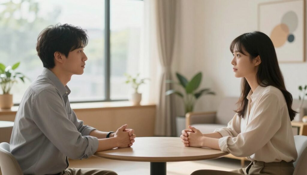A serene and contemplative scene illustrating "the art of difficult conversations." In the foreground, two individuals, a man and a woman, sit across from each other at a small, round table, both dressed in professional attire. They exhibit expressions of empathy and understanding, with their body language open and engaged. The middle ground features soft, natural light filtering through a large window, enhancing the warm color palette of the room, which includes subtle decorations like plants and abstract art that convey a comforting atmosphere. The background is slightly blurred, suggesting a peaceful office space that promotes focus and connection. This image should evoke a sense of tranquility and the importance of communication in relationships, with an emphasis on the human connection during challenging discussions. A serene and contemplative scene illustrating "the art of difficult conversations." In the foreground, two individuals, a man and a woman, sit across from each other at a small, round table, both dressed in professional attire. They exhibit expressions of empathy and understanding, with their body language open and engaged. The middle ground features soft, natural light filtering through a large window, enhancing the warm color palette of the room, which includes subtle decorations like plants and abstract art that convey a comforting atmosphere. The background is slightly blurred, suggesting a peaceful office space that promotes focus and connection. This image should evoke a sense of tranquility and the importance of communication in relationships, with an emphasis on the human connection during challenging discussions.