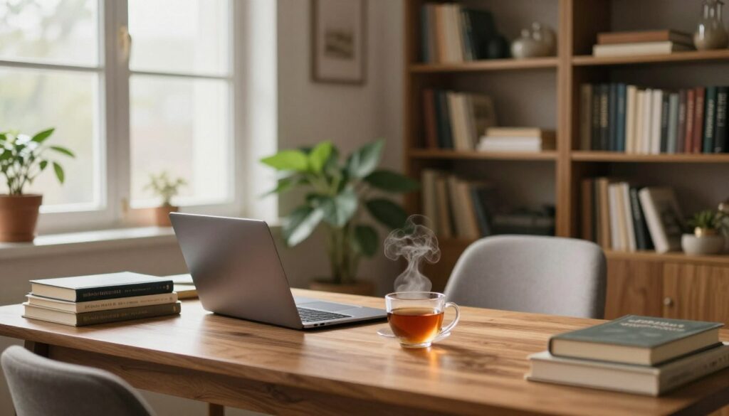 A serene and cozy home office setup, emphasizing the theme of autonomy in relationships. In the foreground, showcase a stylish wooden desk adorned with books, a laptop, and a steaming cup of tea, symbolizing personal space and individuality. In the middle ground, depict a comfortable chair, a potted plant, and an open window allowing soft natural light to fill the room, creating an inviting atmosphere. In the background, a large bookshelf filled with various items representing personal achievements and interests. The overall mood should be calm and reflective, with warm lighting that enhances a sense of comfort and tranquility, inviting contemplation about the balance of independence and connection in relationships. A serene and cozy home office setup, emphasizing the theme of autonomy in relationships. In the foreground, showcase a stylish wooden desk adorned with books, a laptop, and a steaming cup of tea, symbolizing personal space and individuality. In the middle ground, depict a comfortable chair, a potted plant, and an open window allowing soft natural light to fill the room, creating an inviting atmosphere. In the background, a large bookshelf filled with various items representing personal achievements and interests. The overall mood should be calm and reflective, with warm lighting that enhances a sense of comfort and tranquility, inviting contemplation about the balance of independence and connection in relationships.