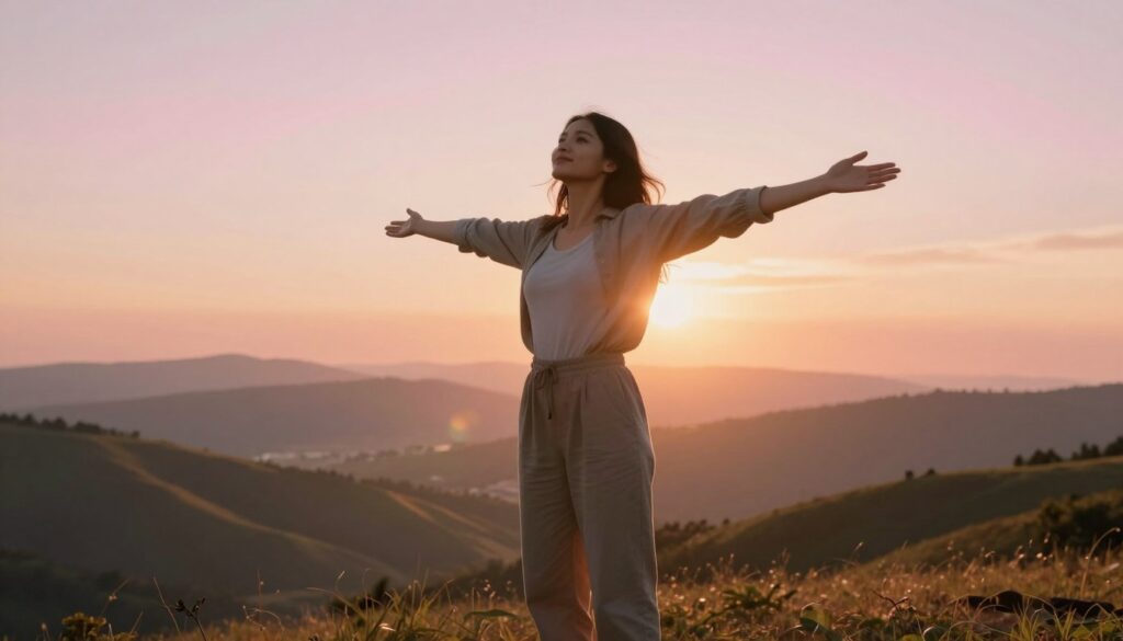 A serene and empowering scene depicting a young woman standing confidently on a scenic hilltop at sunrise, symbolizing self-worth and liberation from negative beliefs. In the foreground, she is wearing modest casual clothing, with her arms outstretched as if embracing the new day. Her expression reflects hope and determination. In the middle ground, soft, warm sunlight bathes the landscape, enhancing the tranquil atmosphere. The background features rolling hills and a radiant sky, painted in hues of orange and pink, evoking a sense of renewal. The overall mood is uplifting and encouraging, promoting a strong sense of personal value and resilience. The image is shot from a slight low angle to emphasize her empowerment, with gentle lens flares from the sunlight adding a magical touch. A serene and empowering scene depicting a young woman standing confidently on a scenic hilltop at sunrise, symbolizing self-worth and liberation from negative beliefs. In the foreground, she is wearing modest casual clothing, with her arms outstretched as if embracing the new day. Her expression reflects hope and determination. In the middle ground, soft, warm sunlight bathes the landscape, enhancing the tranquil atmosphere. The background features rolling hills and a radiant sky, painted in hues of orange and pink, evoking a sense of renewal. The overall mood is uplifting and encouraging, promoting a strong sense of personal value and resilience. The image is shot from a slight low angle to emphasize her empowerment, with gentle lens flares from the sunlight adding a magical touch.