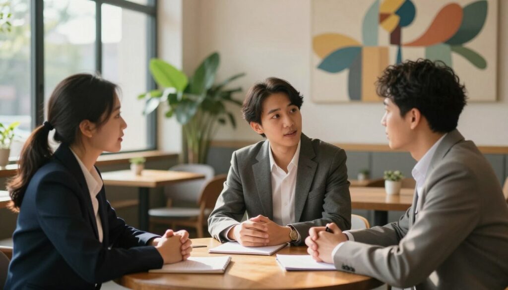 A serene and harmonious scene illustrating the foundations of strong bonds, featuring a diverse group of three people in professional business attire engaged in a meaningful discussion. In the foreground, they are seated closely around a wooden table, actively listening and sharing ideas, conveying trust and connection. The middle ground showcases a soft, inviting café setting with plants and natural light streaming in through large windows, casting gentle shadows. The background features abstract art symbolizing growth and unity, enhancing the atmosphere of collaboration. The overall mood is warm and nurturing, embodying emotional closeness and mutual respect, captured with a soft focus and a slight depth of field that highlights the subjects amidst a peaceful environment. A serene and harmonious scene illustrating the foundations of strong bonds, featuring a diverse group of three people in professional business attire engaged in a meaningful discussion. In the foreground, they are seated closely around a wooden table, actively listening and sharing ideas, conveying trust and connection. The middle ground showcases a soft, inviting café setting with plants and natural light streaming in through large windows, casting gentle shadows. The background features abstract art symbolizing growth and unity, enhancing the atmosphere of collaboration. The overall mood is warm and nurturing, embodying emotional closeness and mutual respect, captured with a soft focus and a slight depth of field that highlights the subjects amidst a peaceful environment.