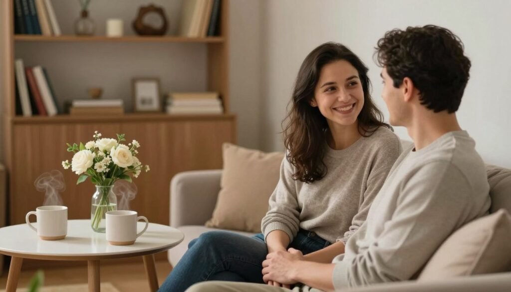 A serene and intimate indoor setting with soft, diffused lighting creating a warm atmosphere. In the foreground, a couple sits closely together on a cozy couch, smiling and looking into each other's eyes, dressed in comfortable yet professional casual wear. The middle ground features an elegantly arranged table with a small bouquet of flowers and two steaming mugs, emphasizing connection and communication. In the background, soft-focus shelves filled with books and personal mementos provide a sense of comfort and familiarity. The overall mood is one of tenderness, trust, and open dialogue, reflecting the importance of sincere communication in relationships. The angle captures their interaction from a slightly elevated perspective, giving a sense of intimacy and closeness. A serene and intimate indoor setting with soft, diffused lighting creating a warm atmosphere. In the foreground, a couple sits closely together on a cozy couch, smiling and looking into each other's eyes, dressed in comfortable yet professional casual wear. The middle ground features an elegantly arranged table with a small bouquet of flowers and two steaming mugs, emphasizing connection and communication. In the background, soft-focus shelves filled with books and personal mementos provide a sense of comfort and familiarity. The overall mood is one of tenderness, trust, and open dialogue, reflecting the importance of sincere communication in relationships. The angle captures their interaction from a slightly elevated perspective, giving a sense of intimacy and closeness.