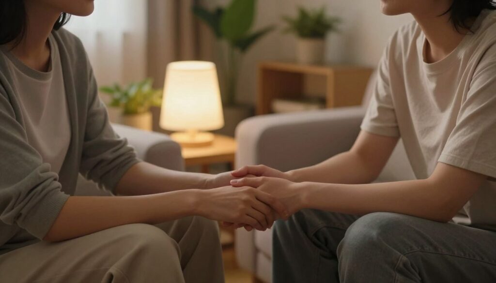 A serene and intimate scene capturing two individuals sitting on a cozy couch, engaged in a deep conversation. The foreground features their hands gently touching, symbolizing trust and connection. Both individuals wear modest casual clothing, expressing warmth and approachability. In the middle ground, a softly glowing lamp casts warm light, creating an inviting atmosphere. The background is a softly blurred living room filled with plants and comforting decor, suggesting a safe space. The composition is shot from a slightly elevated angle, providing a sense of intimacy and openness. The mood is gentle and reflective, emphasizing emotional readiness and the psychological aspects of beginning intimacy in a new relationship. A serene and intimate scene capturing two individuals sitting on a cozy couch, engaged in a deep conversation. The foreground features their hands gently touching, symbolizing trust and connection. Both individuals wear modest casual clothing, expressing warmth and approachability. In the middle ground, a softly glowing lamp casts warm light, creating an inviting atmosphere. The background is a softly blurred living room filled with plants and comforting decor, suggesting a safe space. The composition is shot from a slightly elevated angle, providing a sense of intimacy and openness. The mood is gentle and reflective, emphasizing emotional readiness and the psychological aspects of beginning intimacy in a new relationship.