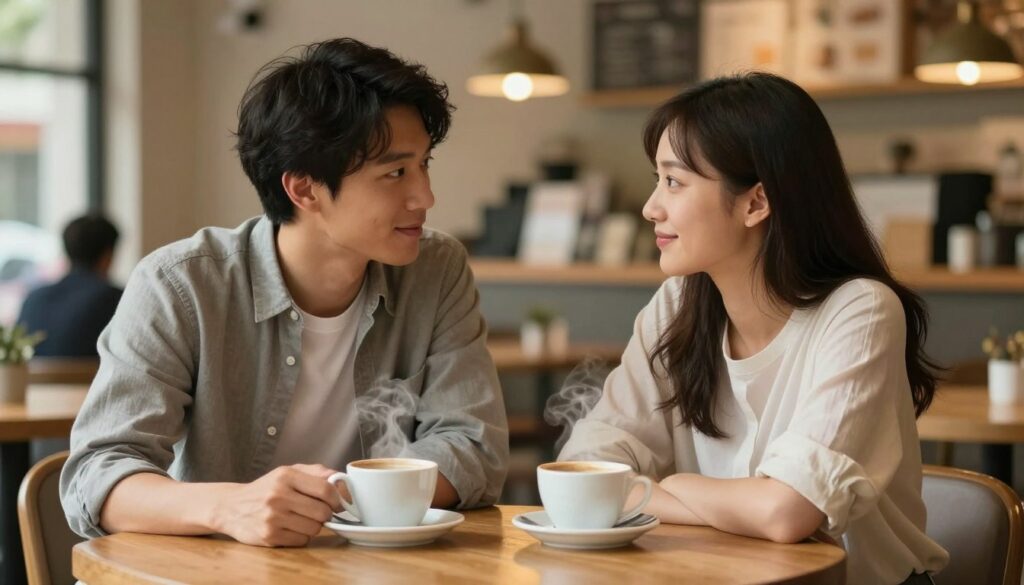 A serene and intimate scene depicting a couple engaging in meaningful conversation at a cozy café, reflecting their effort to rebuild connection and commitment in a relationship. In the foreground, a wooden table with two steaming cups of coffee, symbolizing warmth and openness. The couple, a man and a woman, are dressed in modest, stylish casual attire, leaning slightly towards each other with attentive expressions, showcasing a moment of vulnerability and understanding. In the middle background, soft lighting creates an inviting atmosphere with gentle bokeh effects, highlighting the warm hues of the café. The mood is hopeful and nurturing, capturing the essence of emotional intimacy and the journey toward renewed engagement in their relationship. A serene and intimate scene depicting a couple engaging in meaningful conversation at a cozy café, reflecting their effort to rebuild connection and commitment in a relationship. In the foreground, a wooden table with two steaming cups of coffee, symbolizing warmth and openness. The couple, a man and a woman, are dressed in modest, stylish casual attire, leaning slightly towards each other with attentive expressions, showcasing a moment of vulnerability and understanding. In the middle background, soft lighting creates an inviting atmosphere with gentle bokeh effects, highlighting the warm hues of the café. The mood is hopeful and nurturing, capturing the essence of emotional intimacy and the journey toward renewed engagement in their relationship.