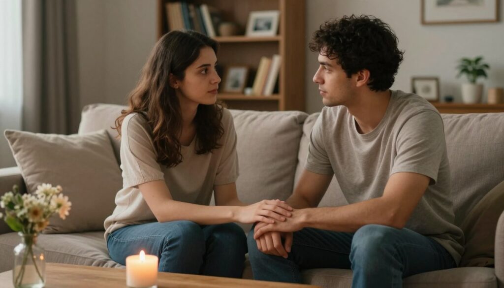 A serene and intimate scene depicting the role of empathy between partners. In the foreground, a couple sits close together on a comfortable sofa, both dressed in modest casual clothing, showing attentive expressions as they listen to each other. Their body language reflects openness and connection, with hands gently touching. In the middle ground, soft lighting bathes the room, enhancing the warmth of their interaction. On a nearby coffee table, a lit candle and a small vase with flowers add a cozy touch. The background features a softly blurred bookcase filled with personal mementos, contributing to an atmosphere of shared history. The overall mood is one of understanding and emotional bonding, highlighting empathy as a key element in rebuilding emotional ties. The scene is captured from a slightly elevated angle to enhance the sense of intimacy. A serene and intimate scene depicting the role of empathy between partners. In the foreground, a couple sits close together on a comfortable sofa, both dressed in modest casual clothing, showing attentive expressions as they listen to each other. Their body language reflects openness and connection, with hands gently touching. In the middle ground, soft lighting bathes the room, enhancing the warmth of their interaction. On a nearby coffee table, a lit candle and a small vase with flowers add a cozy touch. The background features a softly blurred bookcase filled with personal mementos, contributing to an atmosphere of shared history. The overall mood is one of understanding and emotional bonding, highlighting empathy as a key element in rebuilding emotional ties. The scene is captured from a slightly elevated angle to enhance the sense of intimacy.
