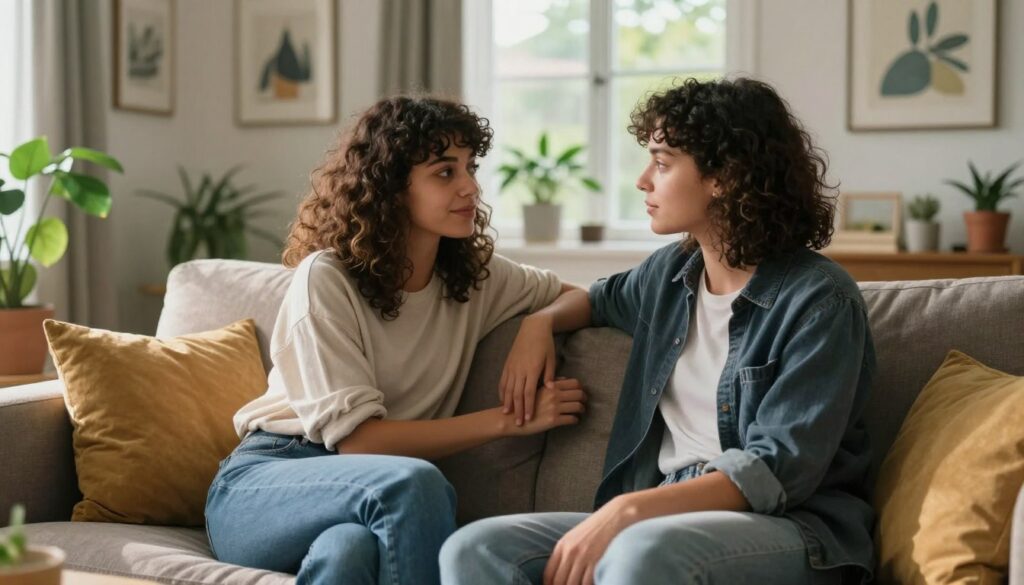 A serene and intimate scene featuring two Gemini twins engaging in a deep conversation. In the foreground, the twins sit close together on a comfortable sofa, their body language conveying warmth and connection. One twin leans slightly towards the other, her hand placed gently on his arm, while he listens attentively. They are both dressed in stylish, yet modest casual clothing that suits a relaxed setting. The middle ground reveals a softly lit living room adorned with plants and art that reflects their shared interests, enhancing the atmosphere of intimacy and freedom. The background features a large window allowing natural light to flood in, casting delicate shadows that amplify the cozy mood. The scene captures the essence of connection and the playful spirit of intimacy in a harmonious environment. A serene and intimate scene featuring two Gemini twins engaging in a deep conversation. In the foreground, the twins sit close together on a comfortable sofa, their body language conveying warmth and connection. One twin leans slightly towards the other, her hand placed gently on his arm, while he listens attentively. They are both dressed in stylish, yet modest casual clothing that suits a relaxed setting. The middle ground reveals a softly lit living room adorned with plants and art that reflects their shared interests, enhancing the atmosphere of intimacy and freedom. The background features a large window allowing natural light to flood in, casting delicate shadows that amplify the cozy mood. The scene captures the essence of connection and the playful spirit of intimacy in a harmonious environment.