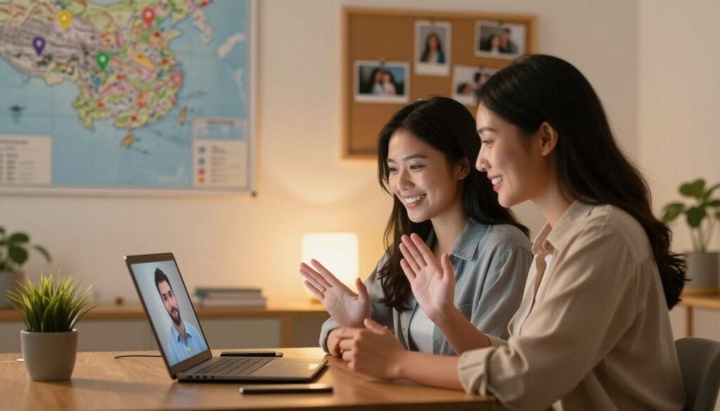 A serene and intimate scene illustrating effective communication between long-distance partners. In the foreground, a couple is sitting at a cozy table with a laptop open between them, engrossed in a video call. They are dressed in comfortable yet professional attire, smiling as they engage with each other. In the middle ground, soft, warm lighting enhances the emotional atmosphere, casting gentle shadows. The background features elements evoking connection; a map with pins indicating places they dream of visiting together and photos of cherished memories pinned on a corkboard. The overall mood is one of closeness, trust, and shared aspirations, capturing the essence of strong communication in a relationship. Soft bokeh effects surround the couple, adding depth and focus to their interaction. A serene and intimate scene illustrating effective communication between long-distance partners. In the foreground, a couple is sitting at a cozy table with a laptop open between them, engrossed in a video call. They are dressed in comfortable yet professional attire, smiling as they engage with each other. In the middle ground, soft, warm lighting enhances the emotional atmosphere, casting gentle shadows. The background features elements evoking connection; a map with pins indicating places they dream of visiting together and photos of cherished memories pinned on a corkboard. The overall mood is one of closeness, trust, and shared aspirations, capturing the essence of strong communication in a relationship. Soft bokeh effects surround the couple, adding depth and focus to their interaction.