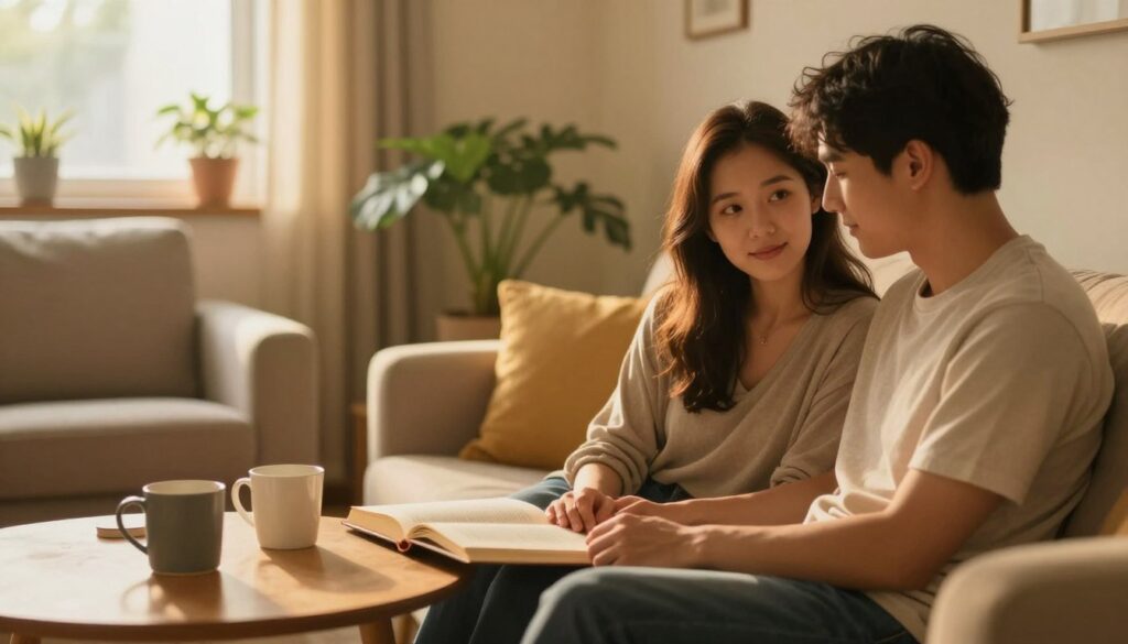 A serene and intimate scene illustrating the concept of attachment styles and emotional closeness. In the foreground, a couple sitting on a cozy couch, dressed in modest casual clothing, with warm, gentle expressions that convey trust and connection. The middle ground features a soft coffee table adorned with a couple of mugs and an open book, symbolizing shared experiences. In the background, a softly lit room with warm yellow tones, adorned with plants and inviting decor, enhances the sense of comfort and safety. The lighting is soft and natural, reminiscent of late afternoon sunlight streaming through a window, casting a warm glow over the scene. The overall mood is intimate, supportive, and nurturing, ideal for exploring themes of relationship bonding through attachment styles. A serene and intimate scene illustrating the concept of attachment styles and emotional closeness. In the foreground, a couple sitting on a cozy couch, dressed in modest casual clothing, with warm, gentle expressions that convey trust and connection. The middle ground features a soft coffee table adorned with a couple of mugs and an open book, symbolizing shared experiences. In the background, a softly lit room with warm yellow tones, adorned with plants and inviting decor, enhances the sense of comfort and safety. The lighting is soft and natural, reminiscent of late afternoon sunlight streaming through a window, casting a warm glow over the scene. The overall mood is intimate, supportive, and nurturing, ideal for exploring themes of relationship bonding through attachment styles.