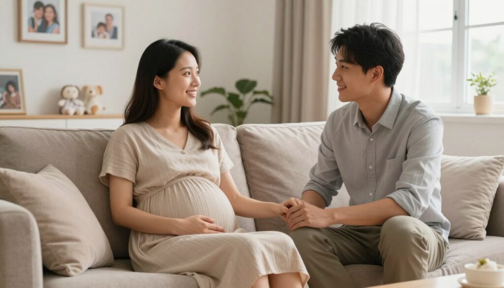 A serene and intimate scene of a couple in a softly lit, cozy living room. In the foreground, a pregnant woman is sitting comfortably on a plush sofa, wearing a modest and stylish maternity dress. She is smiling warmly at her partner, who is sitting nearby in casual, professional attire, gently holding her hand. In the middle of the image, there are signs of a nurturing environment, like family photographs on the walls and baby accessories subtly placed around the room. The background features soft, natural lighting coming through a window, creating a peaceful and loving atmosphere. The overall mood is one of connection, love, and support, reflecting intimacy during pregnancy.
