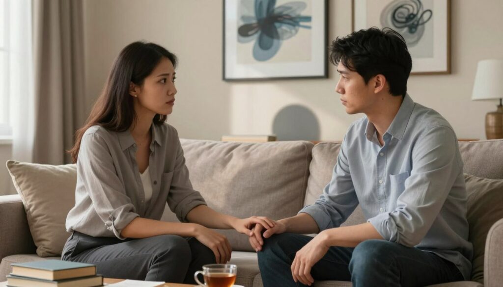 A serene and intimate scene set in a softly lit living room, conveying the emotional impact of mood disorders on closeness. In the foreground, a couple, dressed in professional casual clothing, sit on a comfortable couch, looking at each other with a mix of concern and love. The woman gently rests her hand on the man’s, symbolizing connection despite emotional turbulence. In the middle, faint shadows suggest the presence of personal struggles, represented by scattered books and a cup of tea, creating an atmosphere of vulnerability. The background features a warm, neutral-toned wall adorned with art that captures emotions—abstract swirls of blues and greys reminiscent of mood fluctuations. Soft, natural light filters through a window, accentuating the tender moment, while the overall mood remains hopeful yet reflective. A serene and intimate scene set in a softly lit living room, conveying the emotional impact of mood disorders on closeness. In the foreground, a couple, dressed in professional casual clothing, sit on a comfortable couch, looking at each other with a mix of concern and love. The woman gently rests her hand on the man’s, symbolizing connection despite emotional turbulence. In the middle, faint shadows suggest the presence of personal struggles, represented by scattered books and a cup of tea, creating an atmosphere of vulnerability. The background features a warm, neutral-toned wall adorned with art that captures emotions—abstract swirls of blues and greys reminiscent of mood fluctuations. Soft, natural light filters through a window, accentuating the tender moment, while the overall mood remains hopeful yet reflective.