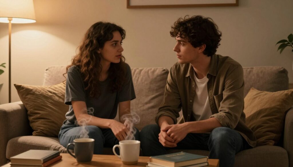 A serene and intimate setting: a softly-lit cozy room with warm tones, featuring two individuals in modest casual clothing, sitting close together on a plush sofa, engaged in a deep conversation. Their expressions reflect trust and comfort, illustrating the psychological aspects of intimacy in a new relationship. In the background, a dimly lit lamp casts gentle shadows, enhancing the cozy atmosphere. A small coffee table is adorned with a couple of steaming mugs and a few scattered books, indicating a moment of shared exploration and connection. The scene captures a mood of warmth, vulnerability, and openness, emphasizing emotional closeness without explicit content. The composition is framed in a medium shot to focus on the subjects’ expressions and the inviting ambiance of the room. A serene and intimate setting: a softly-lit cozy room with warm tones, featuring two individuals in modest casual clothing, sitting close together on a plush sofa, engaged in a deep conversation. Their expressions reflect trust and comfort, illustrating the psychological aspects of intimacy in a new relationship. In the background, a dimly lit lamp casts gentle shadows, enhancing the cozy atmosphere. A small coffee table is adorned with a couple of steaming mugs and a few scattered books, indicating a moment of shared exploration and connection. The scene captures a mood of warmth, vulnerability, and openness, emphasizing emotional closeness without explicit content. The composition is framed in a medium shot to focus on the subjects’ expressions and the inviting ambiance of the room.
