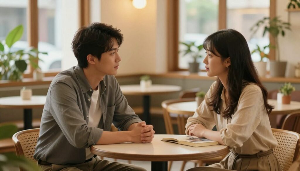 A serene and intimate setting featuring a couple engaged in a heartfelt conversation. In the foreground, the couple sits at a small, cozy table with warm lighting, surrounded by soft, inviting décor—perhaps plants and books, suggesting a safe space for dialogue. The man, dressed in a smart casual outfit, looks thoughtfully at the woman, who is elegantly dressed in a modest yet stylish manner. In the middle background, a softly blurred café atmosphere adds to the ambiance, with light filtering through large windows, creating a warm glow. The overall mood is calm and inviting, evoking a sense of connection and openness, perfect for exploring deep questions about their relationship. The angle captures the couple from a slightly elevated perspective, showcasing their expressions and the heartfelt nature of their discussion. A serene and intimate setting featuring a couple engaged in a heartfelt conversation. In the foreground, the couple sits at a small, cozy table with warm lighting, surrounded by soft, inviting décor—perhaps plants and books, suggesting a safe space for dialogue. The man, dressed in a smart casual outfit, looks thoughtfully at the woman, who is elegantly dressed in a modest yet stylish manner. In the middle background, a softly blurred café atmosphere adds to the ambiance, with light filtering through large windows, creating a warm glow. The overall mood is calm and inviting, evoking a sense of connection and openness, perfect for exploring deep questions about their relationship. The angle captures the couple from a slightly elevated perspective, showcasing their expressions and the heartfelt nature of their discussion.