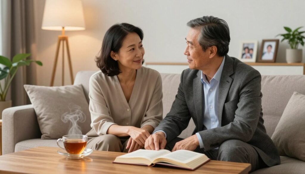 A serene and introspective scene depicting a couple in a cozy living room, both dressed in smart, professional attire. The foreground features a warm wooden table with a steaming cup of tea and an open book, symbolizing connection and shared interests. In the middle, the couple, a middle-aged man and woman, sit closely together on a stylish sofa, engaged in a deep, meaningful conversation. Their expressions reflect contentment and understanding, embodying the essence of an emotional bond beyond physical intimacy. The background showcases soft, ambient lighting with a warm glow, highlighting family photos and potted plants, creating a welcoming atmosphere. The overall mood is peaceful and uplifting, inviting viewers to contemplate the happiness found in deep companionship. A serene and introspective scene depicting a couple in a cozy living room, both dressed in smart, professional attire. The foreground features a warm wooden table with a steaming cup of tea and an open book, symbolizing connection and shared interests. In the middle, the couple, a middle-aged man and woman, sit closely together on a stylish sofa, engaged in a deep, meaningful conversation. Their expressions reflect contentment and understanding, embodying the essence of an emotional bond beyond physical intimacy. The background showcases soft, ambient lighting with a warm glow, highlighting family photos and potted plants, creating a welcoming atmosphere. The overall mood is peaceful and uplifting, inviting viewers to contemplate the happiness found in deep companionship.