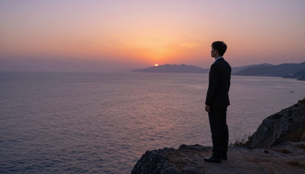 A serene and introspective scene depicting a person standing alone on a rocky cliff, overlooking a vast ocean at sunset, symbolizing the moment of distancing from an energy vampire. In the foreground, the individual, dressed in professional business attire, has a thoughtful expression, gazing into the horizon. The middle ground features a gentle sea, with soft waves reflecting the warm hues of the sunset, which fills the sky with shades of orange, pink, and purple. In the background, distant mountains fade into the twilight, adding depth to the scene. The lighting is warm and soft, creating an atmosphere of calm and contemplation. The angle is slightly elevated, capturing both the individual and the expansive, tranquil surroundings, emphasizing the necessity of breaking free. A serene and introspective scene depicting a person standing alone on a rocky cliff, overlooking a vast ocean at sunset, symbolizing the moment of distancing from an energy vampire. In the foreground, the individual, dressed in professional business attire, has a thoughtful expression, gazing into the horizon. The middle ground features a gentle sea, with soft waves reflecting the warm hues of the sunset, which fills the sky with shades of orange, pink, and purple. In the background, distant mountains fade into the twilight, adding depth to the scene. The lighting is warm and soft, creating an atmosphere of calm and contemplation. The angle is slightly elevated, capturing both the individual and the expansive, tranquil surroundings, emphasizing the necessity of breaking free.