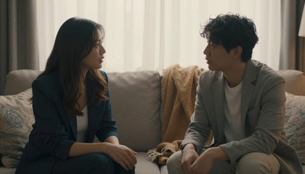 A serene and introspective scene depicting the intimate sphere of connection between two individuals representing the zodiac signs of Virgo and Gemini. In the foreground, two figures in modest, professional attire sit on a plush sofa, engaged in a deep conversation, their expressions reflecting curiosity and understanding. In the middle ground, soft pillows and a warm throw blanket create a cozy atmosphere, symbolizing emotional barriers being gently approached. The background features a softly lit room with muted colors, where light filters through sheer curtains, casting a gentle glow. The overall mood is one of warmth, openness, and emotional depth. Use a soft focus lens to enhance the intimate feeling, with a slight vignette to draw attention to the subjects. A serene and introspective scene depicting the intimate sphere of connection between two individuals representing the zodiac signs of Virgo and Gemini. In the foreground, two figures in modest, professional attire sit on a plush sofa, engaged in a deep conversation, their expressions reflecting curiosity and understanding. In the middle ground, soft pillows and a warm throw blanket create a cozy atmosphere, symbolizing emotional barriers being gently approached. The background features a softly lit room with muted colors, where light filters through sheer curtains, casting a gentle glow. The overall mood is one of warmth, openness, and emotional depth. Use a soft focus lens to enhance the intimate feeling, with a slight vignette to draw attention to the subjects.