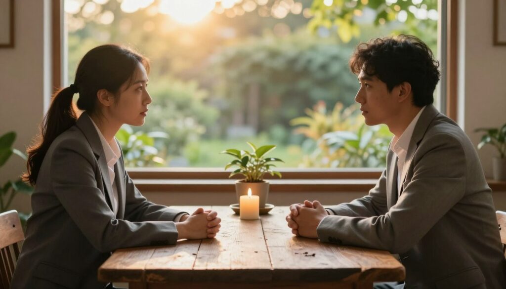 A serene and introspective scene illustrating the theme of "karmic relationship." In the foreground, two figures of different backgrounds are seated across from each other at a rustic wooden table, engaged in deep conversation. They are dressed in professional business attire, reflecting their seriousness about the relationship. The middle ground features subtle elements like a flickering candle and a small potted plant, symbolizing growth and nurture. In the background, a soft-focus window reveals a lush garden bathed in warm, golden sunlight, creating an inviting atmosphere. The lighting is soft and warm, enhancing the emotional depth and connection between the figures. The overall mood is contemplative, with an emphasis on understanding and connection within karmic relationships. A serene and introspective scene illustrating the theme of "karmic relationship." In the foreground, two figures of different backgrounds are seated across from each other at a rustic wooden table, engaged in deep conversation. They are dressed in professional business attire, reflecting their seriousness about the relationship. The middle ground features subtle elements like a flickering candle and a small potted plant, symbolizing growth and nurture. In the background, a soft-focus window reveals a lush garden bathed in warm, golden sunlight, creating an inviting atmosphere. The lighting is soft and warm, enhancing the emotional depth and connection between the figures. The overall mood is contemplative, with an emphasis on understanding and connection within karmic relationships.