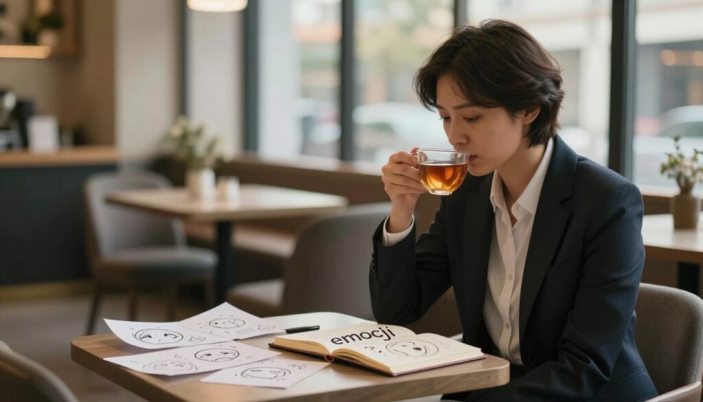 A serene and introspective scene representing "emocji" in a sophisticated and emotional context. In the foreground, a thoughtful individual dressed in professional attire sits at a small table, sipping tea, with a contemplative expression. In the middle ground, scattered notes and a journal filled with sketches of emotions create a sense of inner turmoil. The background features a blurred café setting with soft light filtering through large windows, casting a warm glow that symbolizes hope. The atmosphere is tranquil yet filled with a subtle tension, reflecting the complexity of emotions. Use soft-focus effects and a shallow depth of field to highlight the subject while gently blurring the surroundings, suggesting a moment of clarity amidst chaos.