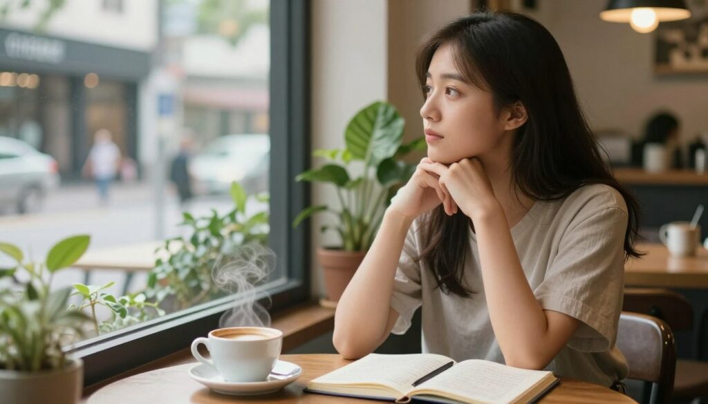 A serene and inviting coffee shop setting, where a young woman in modest casual clothing sits at a table, thoughtfully gazing out the window. The foreground features a steaming cup of coffee and an open journal filled with notes about self-reflection and readiness for new relationships. In the middle ground, soft natural light filters through leafy plants, creating a warm and inviting atmosphere that represents hope and new beginnings. The background showcases a blurred view of a bustling street, symbolizing the world outside and the possibilities that come with moving on. The overall mood is introspective yet optimistic, capturing the essence of recognizing one's readiness to embrace new connections after a toxic relationship. A serene and inviting coffee shop setting, where a young woman in modest casual clothing sits at a table, thoughtfully gazing out the window. The foreground features a steaming cup of coffee and an open journal filled with notes about self-reflection and readiness for new relationships. In the middle ground, soft natural light filters through leafy plants, creating a warm and inviting atmosphere that represents hope and new beginnings. The background showcases a blurred view of a bustling street, symbolizing the world outside and the possibilities that come with moving on. The overall mood is introspective yet optimistic, capturing the essence of recognizing one's readiness to embrace new connections after a toxic relationship.