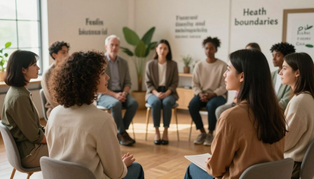 A serene and inviting indoor scene depicting a diverse group of people standing in a circle, engaging in open discussions about boundaries and healthy relationships. In the foreground, two women, one with curly hair and the other with straight hair, are comfortably sharing their thoughts, dressed in professional business attire. In the middle, a supportive atmosphere is created with soft lighting illuminating the warm colors of the room. The background features a cozy setting with plants, inspiring quotes on the walls, and a large window allowing natural light to filter through, enhancing the sense of trust and openness. The overall mood is calm, reflective, and encouraging, symbolizing the importance of establishing healthy boundaries in new relationships. A serene and inviting indoor scene depicting a diverse group of people standing in a circle, engaging in open discussions about boundaries and healthy relationships. In the foreground, two women, one with curly hair and the other with straight hair, are comfortably sharing their thoughts, dressed in professional business attire. In the middle, a supportive atmosphere is created with soft lighting illuminating the warm colors of the room. The background features a cozy setting with plants, inspiring quotes on the walls, and a large window allowing natural light to filter through, enhancing the sense of trust and openness. The overall mood is calm, reflective, and encouraging, symbolizing the importance of establishing healthy boundaries in new relationships.