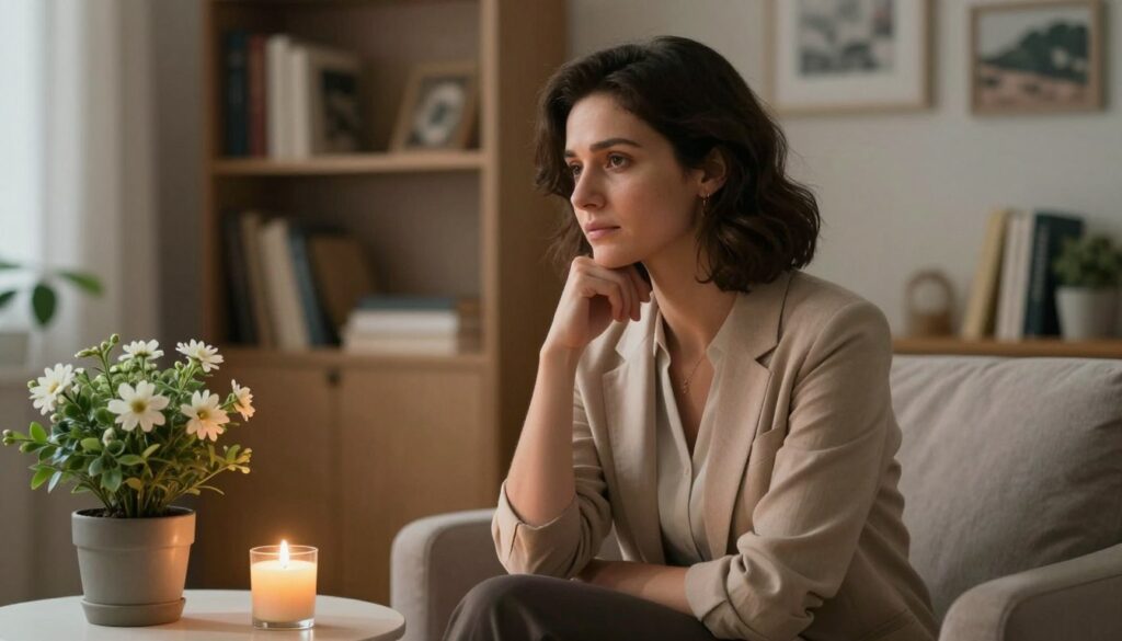A serene and inviting scene capturing the essence of emotions and intimacy, featuring a thoughtful woman seated gracefully in a cozy, softly lit room. She embodies the Virgo archetype with her meticulous appearance, dressed in modest, professional attire that radiates warmth and comfort. Surround her with delicate elements like a blooming potted plant and a softly glowing candle on a small table, symbolizing a nurturing environment. The background should depict a softly blurred bookshelf filled with books and personal mementos, enhancing the feeling of introspection and connection. Use soft, natural lighting to create an intimate mood, utilizing a shallow depth of field to focus on the woman while allowing the background to gently fade. Aim for a warm color palette to evoke feelings of tranquility and emotional depth.