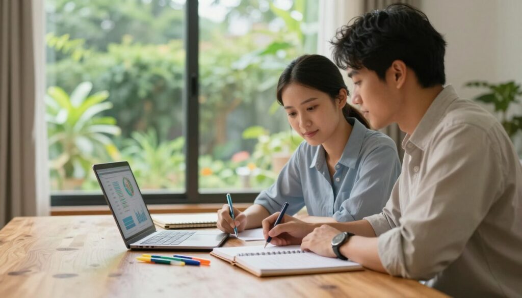 A serene and inviting scene depicting a couple sitting at a wooden table in a well-lit room, strategizing together on a relationship repair plan. The foreground shows open notebooks, colorful pens, and a laptop displaying charts and diagrams. The couple, dressed in professional casual wear, leans towards each other with focused expressions, illustrating collaboration. In the middle background, a large window reveals a lush green garden, symbolizing growth and renewal. Soft, natural lighting filters through the window, creating a warm atmosphere. The mood is hopeful and constructive, suggesting a commitment to building a brighter future together. A serene and inviting scene depicting a couple sitting at a wooden table in a well-lit room, strategizing together on a relationship repair plan. The foreground shows open notebooks, colorful pens, and a laptop displaying charts and diagrams. The couple, dressed in professional casual wear, leans towards each other with focused expressions, illustrating collaboration. In the middle background, a large window reveals a lush green garden, symbolizing growth and renewal. Soft, natural lighting filters through the window, creating a warm atmosphere. The mood is hopeful and constructive, suggesting a commitment to building a brighter future together.