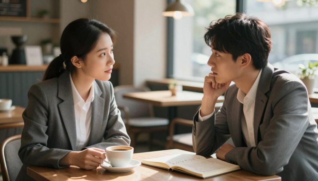 A serene and inviting scene of two individuals engaged in active listening, positioned at a cozy café table. In the foreground, the two people, dressed in professional attire, lean in toward each other, their expressions reflecting concentration and empathy. The middle ground includes a warm cup of coffee and an open notebook filled with handwritten notes, symbolizing meaningful conversation. The background showcases a softly lit café atmosphere, with muted colors and gentle bokeh effects from the ambient lighting, creating an intimate and focused mood. Natural sunlight filters through large windows, casting soft shadows, enhancing the overall feeling of connection and understanding. The composition should evoke warmth, trust, and the importance of communication in building relationships. A serene and inviting scene of two individuals engaged in active listening, positioned at a cozy café table. In the foreground, the two people, dressed in professional attire, lean in toward each other, their expressions reflecting concentration and empathy. The middle ground includes a warm cup of coffee and an open notebook filled with handwritten notes, symbolizing meaningful conversation. The background showcases a softly lit café atmosphere, with muted colors and gentle bokeh effects from the ambient lighting, creating an intimate and focused mood. Natural sunlight filters through large windows, casting soft shadows, enhancing the overall feeling of connection and understanding. The composition should evoke warmth, trust, and the importance of communication in building relationships.
