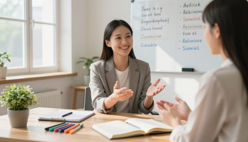A serene and inviting workspace focused on practical tools for enhancing interpersonal relationships in a professional context. In the foreground, an open journal lies next to a set of colorful pens, alongside a small potted plant symbolizing growth. In the middle, a smiling therapist in business casual attire engages in conversation with a client, both displaying open body language and empathy. Soft, natural lighting streams in through a window, casting gentle shadows across the scene. In the background, a whiteboard filled with positive affirmations and relationship strategies adds depth to the atmosphere. The overall mood is warm, supportive, and encouraging, emphasizing the importance of communication and connection in relationships.