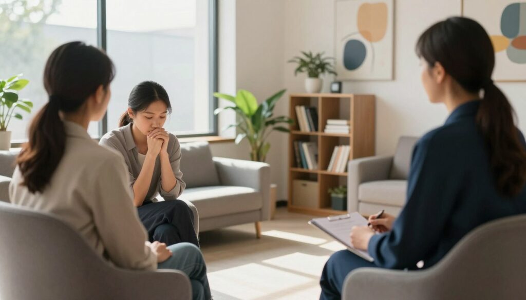 A serene and modern mental health clinic office, focusing on the theme of diagnosing anhedonia. In the foreground, a compassionate therapist, dressed in smart casual attire, is seated across from a client, who appears contemplative and slightly withdrawn. Soft natural light filters through a large window, casting a warm glow over the scene. In the middle ground, a cozy seating area features a few potted plants and a bookshelf filled with psychology books, emphasizing a comforting environment. The background reveals abstract art on the walls, symbolizing emotional struggles and the journey toward healing. The overall atmosphere is calm and supportive, conveying the essence of professional mental health support and the exploration of human emotions.