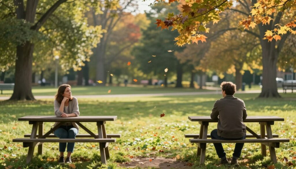 A serene and reflective setting depicting the concept of a relationship break. In the foreground, a couple sits on opposite sides of a wooden picnic table in a lush, green park, both dressed in modest casual clothing, expressing contemplation. The woman gazes thoughtfully at her hands, while the man looks out at the horizon, symbolizing distance and introspection. In the middle ground, colorful autumn leaves swirl gently around them, representing change and transition. The background features soft-focus trees, with warm afternoon sunlight filtering through the leaves, casting dappled shadows, creating a warm, tranquil atmosphere. The overall mood conveys a mix of hope and uncertainty, emphasizing the delicate balance of space and connection in relationships. A serene and reflective setting depicting the concept of a relationship break. In the foreground, a couple sits on opposite sides of a wooden picnic table in a lush, green park, both dressed in modest casual clothing, expressing contemplation. The woman gazes thoughtfully at her hands, while the man looks out at the horizon, symbolizing distance and introspection. In the middle ground, colorful autumn leaves swirl gently around them, representing change and transition. The background features soft-focus trees, with warm afternoon sunlight filtering through the leaves, casting dappled shadows, creating a warm, tranquil atmosphere. The overall mood conveys a mix of hope and uncertainty, emphasizing the delicate balance of space and connection in relationships.