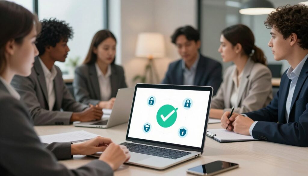 A serene and secure digital environment representing user safety and verification in online dating services. In the foreground, a laptop screen displays a checkmark symbolizing successful verification, surrounded by icons of safety, like locks and shields. In the middle ground, a diverse group of individuals, dressed in professional business attire, engage in thoughtful discussions about online safety. They are seated at a modern conference table, highlighting collaboration and trust. In the background, a cozy office space with soft lighting creates an inviting atmosphere, emphasizing security and professionalism. The overall mood suggests a sense of comfort and assurance, focusing on the importance of safety in online relationships.