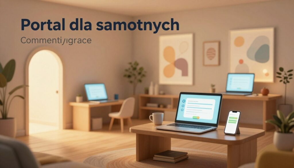 A serene and supportive digital space called "Portal dla samotnych" designed for individuals seeking understanding outside their relationships. In the foreground, depict a cozy, inviting virtual room with soft, warm lighting and comfortable seating areas. A subtle, glowing portal can be seen, symbolizing connection and escape. In the middle ground, illustrate various tech devices like laptops and smartphones displaying supportive messages, illustrating virtual interactions. In the background, gently lit abstract art panels represent community and shared experiences. The atmosphere should be calm and encouraging, promoting a sense of belonging and emotional safety. Ensure the elements are harmoniously arranged with a slight perspective angle to create depth. The image should feel uplifting and warm, inviting viewers to explore this space for solace and understanding.