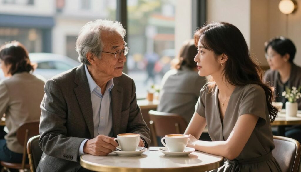 A serene and thoughtful scene illustrating the theme of age difference in relationships. In the foreground, depict a couple representing a significant age gap: a middle-aged man in a tailored suit and a younger woman in a smart, modest dress, engaged in a deep conversation over coffee at a stylish cafe table. In the middle ground, show hints of their surroundings with other patrons, capturing a mix of ages and styles, enhancing the social dynamics. In the background, softly blurred city streets hint at a vibrant urban life, suggesting a contrast between experiences and stages of life. The lighting should be warm and inviting, with soft sunlight filtering through the windows, creating an intimate atmosphere that reflects both challenges and connections. Use a shallow depth of field to highlight the couple, evoking a sense of emotional depth and understanding.