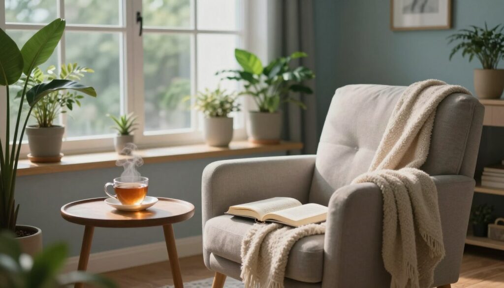 A serene and tranquil room showcasing individual space within a relationship. In the foreground, a cozy reading nook with an inviting armchair, a soft blanket draped over the side, and a small wooden side table with a steaming cup of tea and an open book. The middle ground features a gentle light streaming through a large window, illuminating the room filled with houseplants and a minimalist decor style. In the background, a calming color palette of soft blues and greens evokes a sense of peace. The atmosphere feels intimate yet spacious, promoting a sense of personal serenity. The lighting is warm with soft shadows, creating a welcoming ambiance. The scene captures the essence of personal space as crucial in fostering healthy relationships.
