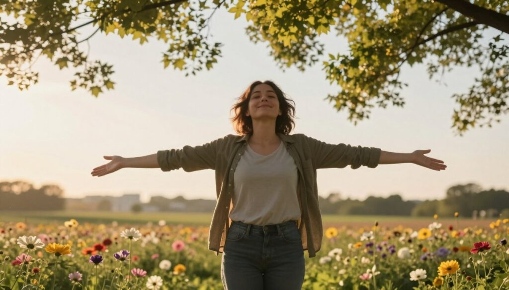 A serene and uplifting scene depicting the theme of self-worth restoration after emotional hardship. In the foreground, a person stands confidently with a subtle smile, dressed in modest casual clothing, arms open wide as if embracing a newfound freedom. The middle ground features a lush, vibrant landscape with blooming flowers and gentle sunlight filtering through the leaves, symbolizing growth and renewal. In the background, a soft-focus skyline suggests a bright future, further enhancing the atmosphere of hope. The image is bathed in warm, golden light, casting gentle shadows and creating a calming mood. The angle is slightly low, looking up at the person, reinforcing their sense of empowerment and resilience. A serene and uplifting scene depicting the theme of self-worth restoration after emotional hardship. In the foreground, a person stands confidently with a subtle smile, dressed in modest casual clothing, arms open wide as if embracing a newfound freedom. The middle ground features a lush, vibrant landscape with blooming flowers and gentle sunlight filtering through the leaves, symbolizing growth and renewal. In the background, a soft-focus skyline suggests a bright future, further enhancing the atmosphere of hope. The image is bathed in warm, golden light, casting gentle shadows and creating a calming mood. The angle is slightly low, looking up at the person, reinforcing their sense of empowerment and resilience.