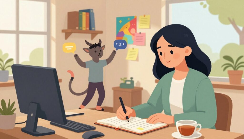 A serene and visually engaging illustration depicting the differences in life's pace and routine between two contrasting figures, a Virgo and a Gemini. In the foreground, a Virgo is seated at a neatly organized desk, working methodically with a planner and a cup of tea, radiating calm and focus. In contrast, a Gemini stands playfully nearby, surrounded by colorful reminders and social media notifications, symbolizing spontaneity and vibrancy. The middle ground features a warm, inviting room filled with soft natural light streaming through a window, showcasing a blend of both structured and dynamic elements, such as bookshelves versus a vibrant mural. The background transitions into a serene outdoor scene, representing balance. The overall mood is one of harmony and coexistence, highlighting contrasting lifestyles in a thoughtful and professional manner. A serene and visually engaging illustration depicting the differences in life's pace and routine between two contrasting figures, a Virgo and a Gemini. In the foreground, a Virgo is seated at a neatly organized desk, working methodically with a planner and a cup of tea, radiating calm and focus. In contrast, a Gemini stands playfully nearby, surrounded by colorful reminders and social media notifications, symbolizing spontaneity and vibrancy. The middle ground features a warm, inviting room filled with soft natural light streaming through a window, showcasing a blend of both structured and dynamic elements, such as bookshelves versus a vibrant mural. The background transitions into a serene outdoor scene, representing balance. The overall mood is one of harmony and coexistence, highlighting contrasting lifestyles in a thoughtful and professional manner.