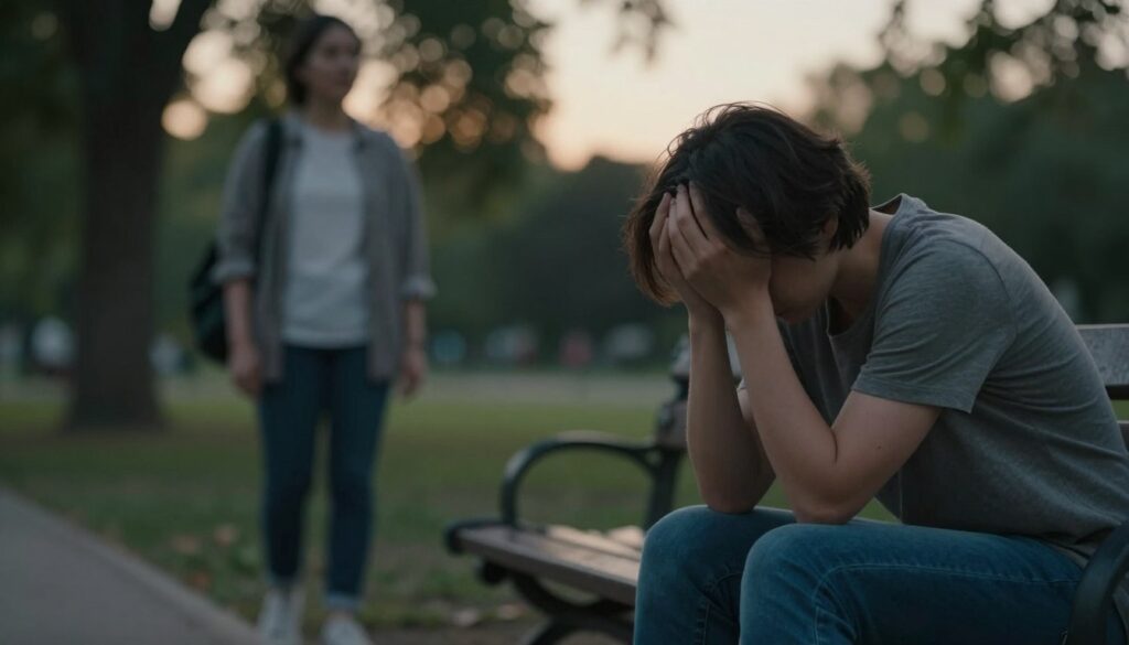 A serene but emotionally charged scene depicting the stages of experiencing a crisis after betrayal. In the foreground, a person in modest casual attire is sitting alone on a park bench, with their head in their hands, symbolizing despair and contemplation. In the middle, a blurred figure approaches, suggesting the possibility of open communication and reconciliation. The background features a softly lit park during dusk, with gentle, warm light filtering through the trees, conveying a sense of hope amidst turmoil. The mood is introspective and reflective, capturing the emotional journey from pain to potential healing. Use a shallow depth of field to emphasize the foreground subject while keeping the background softly out of focus, creating an intimate atmosphere of vulnerability and resilience.