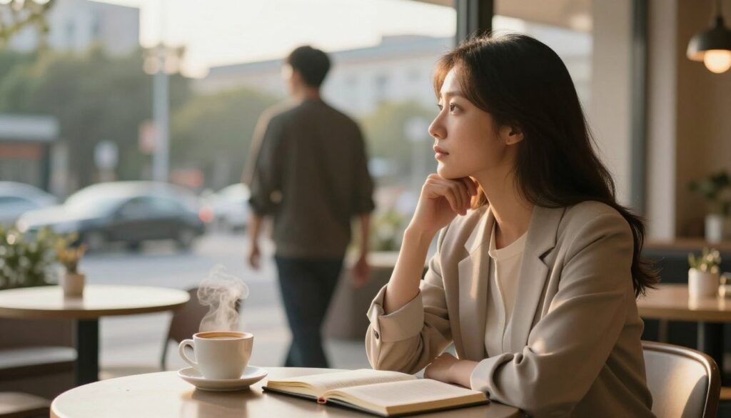 A serene cafe scene set in the soft, golden glow of early evening light. In the foreground, a woman in modest, professional attire sits at a table, deep in thought as she gazes out the window, her expression contemplative. To her left, a steaming cup of coffee and an open journal are placed on the table, symbolizing reflection and introspection. In the middle ground, a blurred figure of a man is seen walking away, representing distance and contemplation in relationships. The background features gentle city vibes, with soft-focus outlines of urban buildings and trees, creating a peaceful, yet slightly melancholic atmosphere. The image captures the essence of pause and thoughtfulness in relationships, evoking a sense of both hope and uncertainty. A serene cafe scene set in the soft, golden glow of early evening light. In the foreground, a woman in modest, professional attire sits at a table, deep in thought as she gazes out the window, her expression contemplative. To her left, a steaming cup of coffee and an open journal are placed on the table, symbolizing reflection and introspection. In the middle ground, a blurred figure of a man is seen walking away, representing distance and contemplation in relationships. The background features gentle city vibes, with soft-focus outlines of urban buildings and trees, creating a peaceful, yet slightly melancholic atmosphere. The image captures the essence of pause and thoughtfulness in relationships, evoking a sense of both hope and uncertainty.