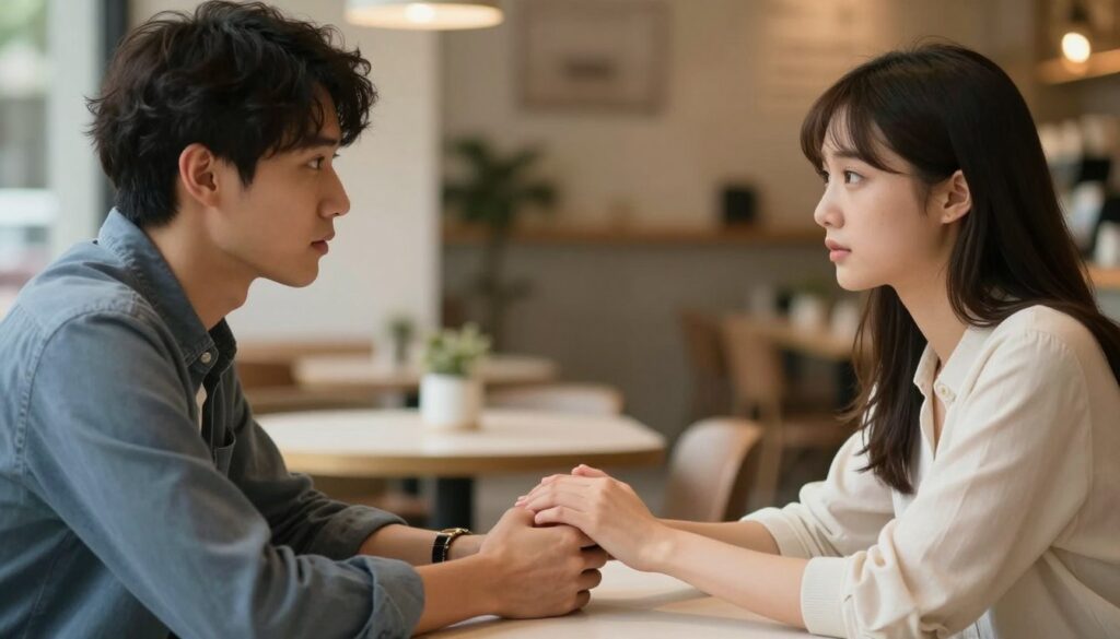 A serene café setting with two individuals seated at a small table, engrossed in a deep conversation. The foreground features a pair of hands gently touching, emphasizing a connection filled with emotion. In the middle, the two people—a man and a woman, both dressed in smart casual attire—are gazing into each other's eyes, their expressions conveying a mix of curiosity and affection. The background shows a softly blurred café ambiance with warm lighting, hinting at an inviting atmosphere filled with soft colors and subtle bokeh effects. The overall mood is intimate and contemplative, reflecting the complexity of feelings associated with infatuation and emotional exploration.