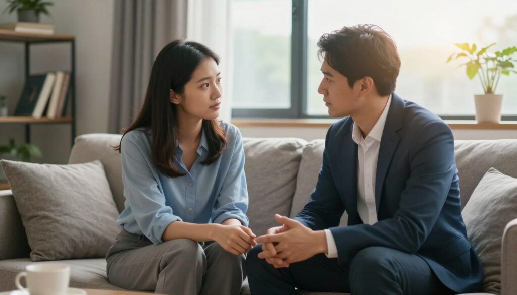 A serene, contemplative scene illustrating the role of attachment styles in relationships. In the foreground, a couple sitting close together on a comfortable couch, engaging in an intimate conversation, dressed in professional business attire, showcasing emotional connection. The middle layer features a warm, softly lit living room adorned with cozy decor, a few books on a shelf symbolizing knowledge and understanding about attachment. In the background, large windows let in gentle, natural light, creating a peaceful atmosphere. The mood conveys trust and safety, with a palette of soft blues and warm earth tones. Lens flair highlights their connection, encapsulating the essence of closeness and relational dynamics in a supportive environment. A serene, contemplative scene illustrating the role of attachment styles in relationships. In the foreground, a couple sitting close together on a comfortable couch, engaging in an intimate conversation, dressed in professional business attire, showcasing emotional connection. The middle layer features a warm, softly lit living room adorned with cozy decor, a few books on a shelf symbolizing knowledge and understanding about attachment. In the background, large windows let in gentle, natural light, creating a peaceful atmosphere. The mood conveys trust and safety, with a palette of soft blues and warm earth tones. Lens flair highlights their connection, encapsulating the essence of closeness and relational dynamics in a supportive environment.