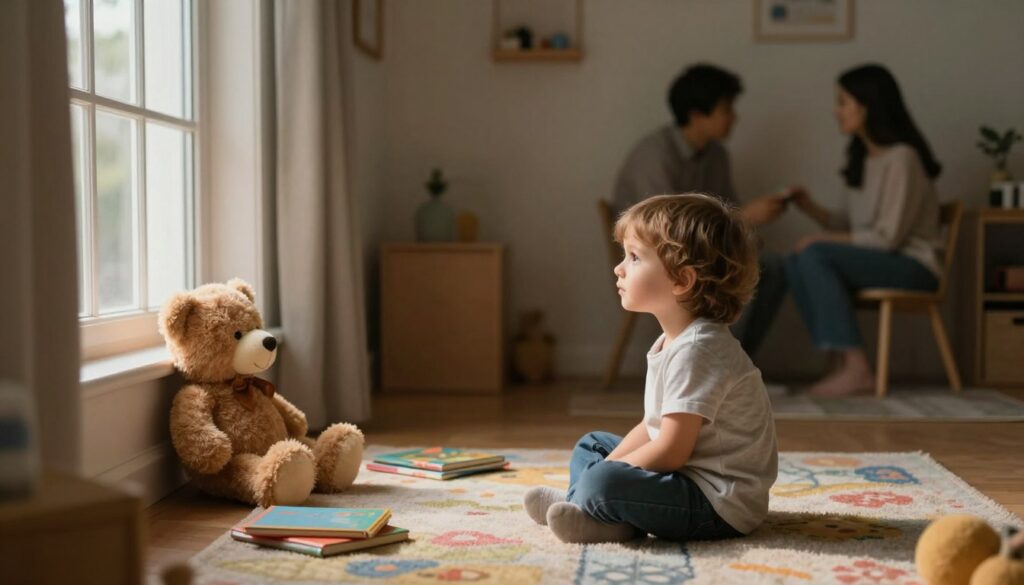 A serene, contemplative scene set in a softly lit child’s room, showcasing the concept of avoidant attachment style in children. In the foreground, a young child sits alone on a colorful rug, surrounded by toys, with a pensive expression, gazing out of a window with light streaming in. In the middle ground, a plush teddy bear and a few scattered storybooks illustrate a lack of emotional connection. The background features a faint silhouette of parents conversing in hushed tones, conveying a sense of distance. The lighting is warm and inviting yet subtly tinged with melancholy, creating an atmosphere of introspection and emotional withdrawal. The composition captures the essence of distance in relationships while maintaining a focus on the child's experience. A serene, contemplative scene set in a softly lit child’s room, showcasing the concept of avoidant attachment style in children. In the foreground, a young child sits alone on a colorful rug, surrounded by toys, with a pensive expression, gazing out of a window with light streaming in. In the middle ground, a plush teddy bear and a few scattered storybooks illustrate a lack of emotional connection. The background features a faint silhouette of parents conversing in hushed tones, conveying a sense of distance. The lighting is warm and inviting yet subtly tinged with melancholy, creating an atmosphere of introspection and emotional withdrawal. The composition captures the essence of distance in relationships while maintaining a focus on the child's experience.