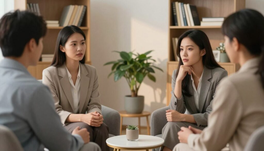 A serene counseling office setting where a couple is engaged in a deep conversation, reflecting introspection and trust. In the foreground, a man and woman sit opposite each other at a small round table, both wearing professional business attire. The woman has a thoughtful expression, while the man appears open and attentive. In the middle, soft lighting casts gentle shadows, and a potted plant adds a touch of warmth. In the background, shelves filled with books on psychology and relationships enhance the atmosphere of self-reflection. The overall mood is calm and contemplative, capturing the essence of a trust evaluation in a relationship. The image is tightly framed with a slight focus effect to emphasize the couple’s connection. A serene counseling office setting where a couple is engaged in a deep conversation, reflecting introspection and trust. In the foreground, a man and woman sit opposite each other at a small round table, both wearing professional business attire. The woman has a thoughtful expression, while the man appears open and attentive. In the middle, soft lighting casts gentle shadows, and a potted plant adds a touch of warmth. In the background, shelves filled with books on psychology and relationships enhance the atmosphere of self-reflection. The overall mood is calm and contemplative, capturing the essence of a trust evaluation in a relationship. The image is tightly framed with a slight focus effect to emphasize the couple’s connection.