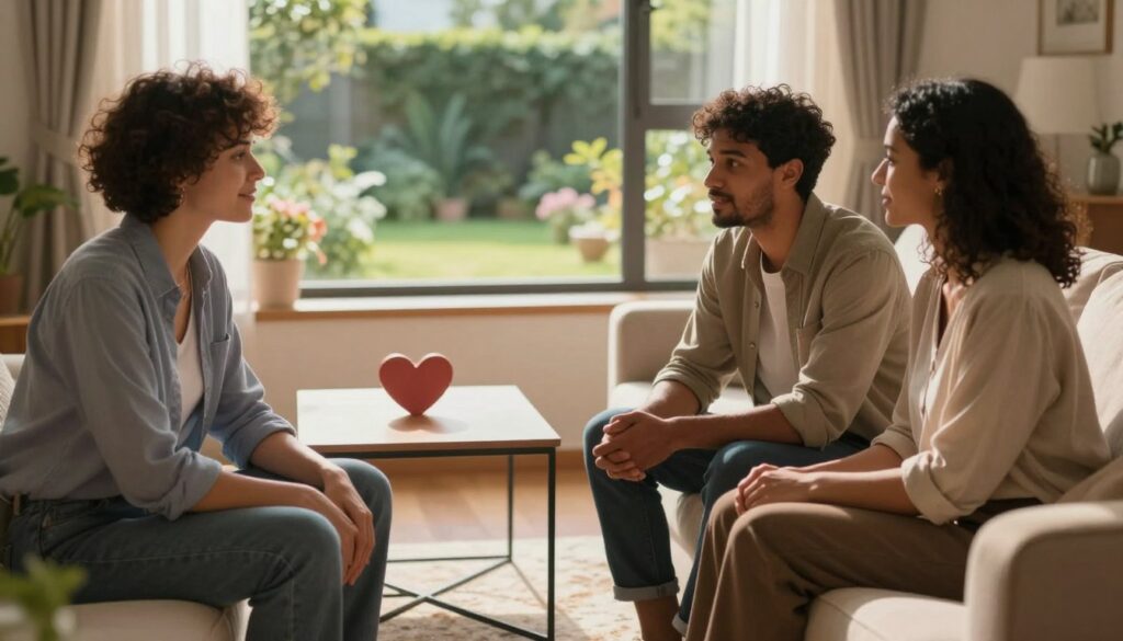 A serene, cozy scene illustrating the foundations of a healthy relationship. In the foreground, a diverse couple sits together on a plush couch, engaged in a deep and meaningful conversation, dressed in smart casual attire. Their expressions convey trust and openness. In the middle ground, a small coffee table with a heart-shaped centerpiece symbolizes love and connection, alongside soft lighting that highlights the warm, inviting atmosphere. In the background, a window reveals a tranquil garden, with soft sunlight filtering through, casting gentle shadows and enhancing the mood of intimacy and stability. The overall composition should evoke feelings of comfort, trust, and the importance of nurturing relational foundations. Shot with a warm color palette, emphasizing a soft focus to create a dreamy, yet grounded feeling. A serene, cozy scene illustrating the foundations of a healthy relationship. In the foreground, a diverse couple sits together on a plush couch, engaged in a deep and meaningful conversation, dressed in smart casual attire. Their expressions convey trust and openness. In the middle ground, a small coffee table with a heart-shaped centerpiece symbolizes love and connection, alongside soft lighting that highlights the warm, inviting atmosphere. In the background, a window reveals a tranquil garden, with soft sunlight filtering through, casting gentle shadows and enhancing the mood of intimacy and stability. The overall composition should evoke feelings of comfort, trust, and the importance of nurturing relational foundations. Shot with a warm color palette, emphasizing a soft focus to create a dreamy, yet grounded feeling.
