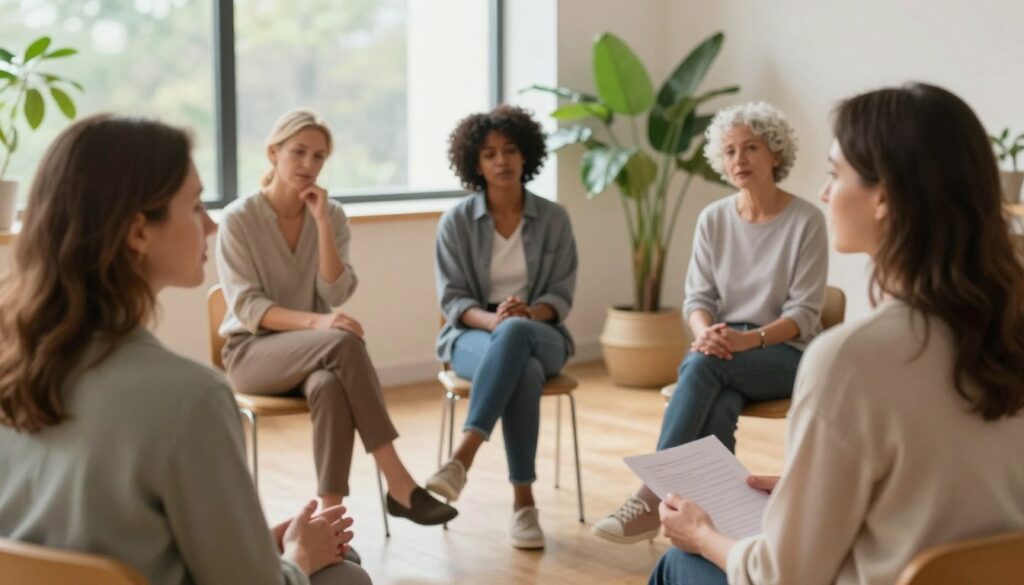 A serene indoor scene depicting a diverse group of individuals engaged in a guided emotional wellness workshop. In the foreground, a middle-aged woman with an empathetic expression is leading a discussion, dressed in modest professional attire. In the middle area, three participants of varying ethnicities and ages are actively sharing their feelings, representing a safe space for emotional expression. Soft, warm lighting enhances the sense of comfort and support, with natural light streaming in through large windows in the background, surrounded by lush indoor plants. The atmosphere is calm and inviting, emphasizing the importance of community and understanding in managing emotions, with a focus on personal growth and emotional resilience. A serene indoor scene depicting a diverse group of individuals engaged in a guided emotional wellness workshop. In the foreground, a middle-aged woman with an empathetic expression is leading a discussion, dressed in modest professional attire. In the middle area, three participants of varying ethnicities and ages are actively sharing their feelings, representing a safe space for emotional expression. Soft, warm lighting enhances the sense of comfort and support, with natural light streaming in through large windows in the background, surrounded by lush indoor plants. The atmosphere is calm and inviting, emphasizing the importance of community and understanding in managing emotions, with a focus on personal growth and emotional resilience.