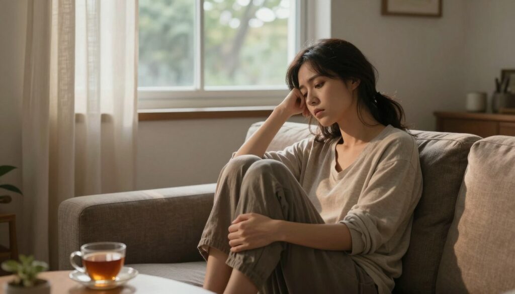 A serene indoor scene depicting a woman sitting on a comfortable sofa, lost in thought. Light filters through a partially drawn curtain, casting soft shadows across the room. She wears modest casual clothing, reflecting a sense of introspection and vulnerability. A nearby table holds a cup of tea, symbolizing comfort and calmness. In the background, a window reveals blurred silhouettes of trees outside, representing the outside world and the fear of intimacy. The overall color palette is warm and inviting, creating a juxtaposition between the peaceful environment and the inner turmoil of the subject. The composition focuses on her thoughtful expression, conveying a mood of contemplation and a desire to overcome the fear of closeness.