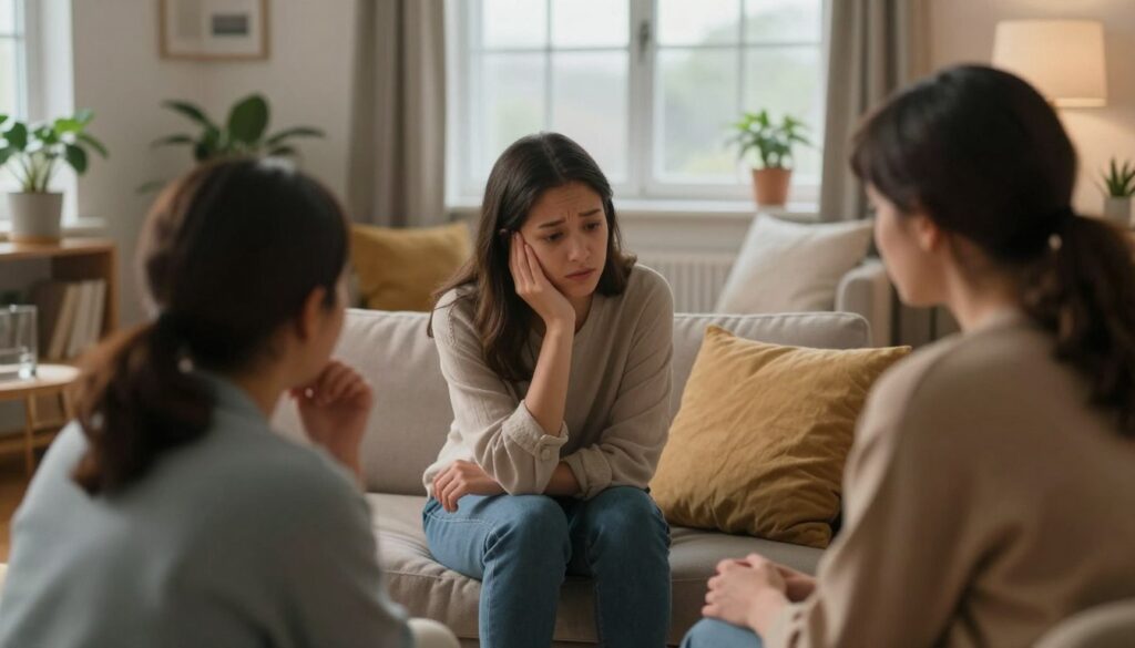 A serene indoor scene depicting emotional resilience during a crisis. In the foreground, a diverse group of three individuals, comfortably dressed in modest casual clothing, are engaged in a supportive conversation, showing empathy and understanding through their body language. The middle ground features a cozy living room environment with soft lighting, warm colors, and calming decor including plants and cushions, enhancing a sense of safety and comfort. In the background, a window shows a gentle, overcast day outside, symbolizing the calm after the storm. The overall mood conveys warmth, hope, and the importance of connection while tackling difficult emotions. The camera angle is slightly above eye level, creating an inviting perspective that draws viewers into the supportive atmosphere. A serene indoor scene depicting emotional resilience during a crisis. In the foreground, a diverse group of three individuals, comfortably dressed in modest casual clothing, are engaged in a supportive conversation, showing empathy and understanding through their body language. The middle ground features a cozy living room environment with soft lighting, warm colors, and calming decor including plants and cushions, enhancing a sense of safety and comfort. In the background, a window shows a gentle, overcast day outside, symbolizing the calm after the storm. The overall mood conveys warmth, hope, and the importance of connection while tackling difficult emotions. The camera angle is slightly above eye level, creating an inviting perspective that draws viewers into the supportive atmosphere.