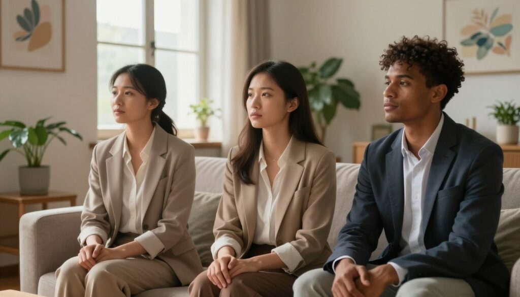 A serene indoor scene illustrating physical and emotional safety during a breakup. In the foreground, a diverse group of three individuals—two women and one man—are seated comfortably in a cozy living room, displaying expressions of calm determination. They wear professional business attire, suggesting an atmosphere of support and understanding. In the middle ground, a warm window allows soft, natural light to filter in, casting gentle shadows and highlighting their faces. In the background, peaceful plants and calming artwork on the walls enhance a peaceful ambiance, symbolizing healing and security. The overall mood is one of empowerment and hope, capturing the essence of reclaiming one's self in a nurturing environment. A serene indoor scene illustrating physical and emotional safety during a breakup. In the foreground, a diverse group of three individuals—two women and one man—are seated comfortably in a cozy living room, displaying expressions of calm determination. They wear professional business attire, suggesting an atmosphere of support and understanding. In the middle ground, a warm window allows soft, natural light to filter in, casting gentle shadows and highlighting their faces. In the background, peaceful plants and calming artwork on the walls enhance a peaceful ambiance, symbolizing healing and security. The overall mood is one of empowerment and hope, capturing the essence of reclaiming one's self in a nurturing environment.