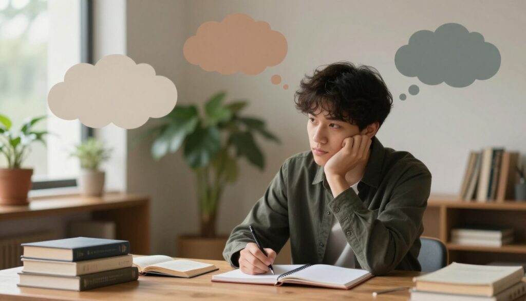 A serene indoor setting captures the essence of an introvert's communication challenges. In the foreground, a contemplative young adult of undefined gender, dressed in smart casual attire, sits at a wooden table with a notebook, deep in thought, surrounded by an array of open books. In the middle ground, a subtle representation of thought bubbles, artistically illustrated as muted clouds of various colors, symbolizes their internal dialogue and communication barriers. The background features a cozy, softly lit room with plants and warm earthy tones, creating a tranquil atmosphere. The overall mood is introspective yet hopeful, with natural light filtering through a window, accentuating the character's focused expression and evoking a sense of depth and understanding. The image is captured with a slightly blurred background to emphasize the subject. A serene indoor setting captures the essence of an introvert's communication challenges. In the foreground, a contemplative young adult of undefined gender, dressed in smart casual attire, sits at a wooden table with a notebook, deep in thought, surrounded by an array of open books. In the middle ground, a subtle representation of thought bubbles, artistically illustrated as muted clouds of various colors, symbolizes their internal dialogue and communication barriers. The background features a cozy, softly lit room with plants and warm earthy tones, creating a tranquil atmosphere. The overall mood is introspective yet hopeful, with natural light filtering through a window, accentuating the character's focused expression and evoking a sense of depth and understanding. The image is captured with a slightly blurred background to emphasize the subject.