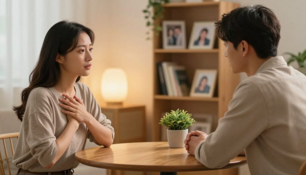 A serene indoor setting depicting a couple sitting across from each other at a small wooden table, engaged in a heartfelt conversation. The foreground features the couple, both dressed in modest casual clothing, conveying a sense of openness and vulnerability. The woman has her hand gently touching her heart, symbolizing emotional honesty, while the man listens intently, showing compassion. In the middle ground, a soft, warm light fills the room, creating an inviting atmosphere, with decorative plants adding a touch of life. In the background, a cozy bookshelf and framed photos tell a story of their shared life, hinting at hope and reconciliation. Capture this moment in a close-up shot with soft focus, evoking feelings of trust, healing, and connection. A serene indoor setting depicting a couple sitting across from each other at a small wooden table, engaged in a heartfelt conversation. The foreground features the couple, both dressed in modest casual clothing, conveying a sense of openness and vulnerability. The woman has her hand gently touching her heart, symbolizing emotional honesty, while the man listens intently, showing compassion. In the middle ground, a soft, warm light fills the room, creating an inviting atmosphere, with decorative plants adding a touch of life. In the background, a cozy bookshelf and framed photos tell a story of their shared life, hinting at hope and reconciliation. Capture this moment in a close-up shot with soft focus, evoking feelings of trust, healing, and connection.